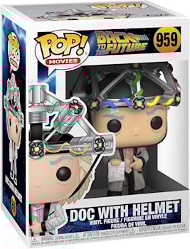 Funko Pop of Doc from Back to the Future, featuring a helmet and wild hair, capturing his eccentric scientist persona.  