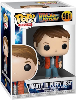 Funko Pop vinyl figure of Marty McFly from Back to the Future, wearing a colorful puff vest and jeans. 