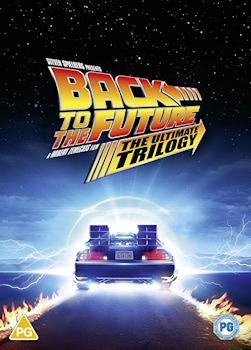 Cover art of the "Back to the Future" trilogy featuring iconic characters and time-travel elements. 