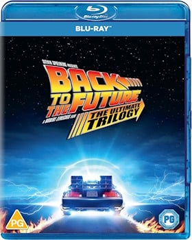 The Back to the Future trilogy Blu-ray cover showcasing the time machine and main characters in a dynamic design.  