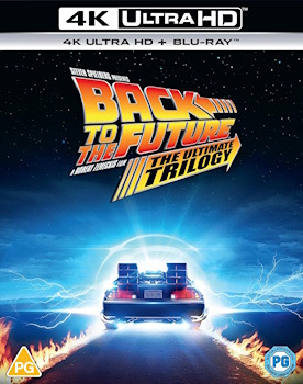 Cover art of the Back to the Future trilogy showcasing the three films and their time-traveling adventures.  