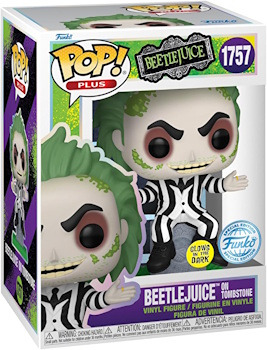 A boxed Beetlejuice Pop Vinyl figure, showcasing the iconic villain with a mischievous grin and colorful attire.  