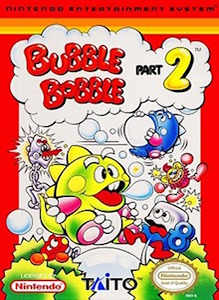 Nintendo cover art of Bubble Bobble 2, highlighting characters navigating a colorful, bubble-filled landscape.  