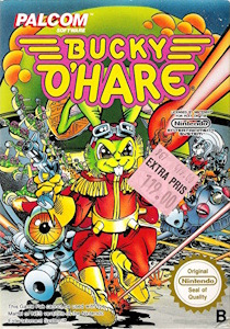Nintendo game cover for Bucky O'Hare, depicting a green rabbit and friends in a dynamic, colorful outer space adventure.  