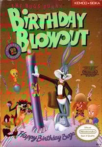 Artwork for "Bugs Bunny Birthday Blowout" Nintendo game, depicting Bugs Bunny surrounded by birthday balloons and a cake. 