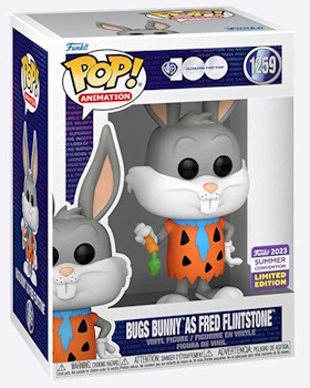 Vinyl figure of Bugs Bunny dressed as Fred Flintstone, designed in the Funko Pop style, showcasing a playful and whimsical appearance.  