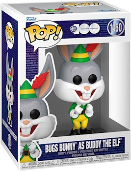 Funko Pop figure of Bugs Bunny dressed as Buddy the Elf, featuring a green and yellow outfit with a playful expression.  