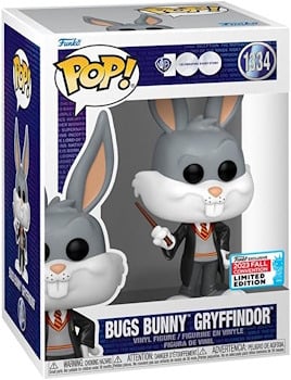 Funko Pop figure of Bugs Bunny dressed in Gryffindor robes, combining elements of Harry Potter and classic cartoon character.  