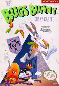 Nintendo game cover for Bugs Bunny Crazy Castle, depicting Bugs Bunny surrounded by playful castle elements and vibrant colors.  