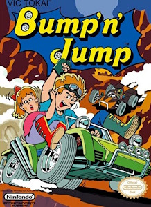 Cover of Bump'n Jump for Nintendo, depicting vehicles soaring over obstacles in a dynamic arcade setting.  