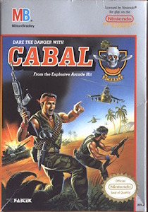 Cover art for the Nintendo game "Cabal," featuring action-packed graphics and the game's title prominently displayed.  