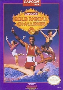 Capcom's Gold Medal Challenge game cover showcasing vibrant graphics of athletes in action during competitions.
