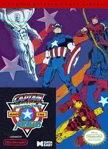 Cover art of a Nintendo game featuring Captain America and the Avengers, emphasizing their heroic poses and engaging visuals.  