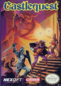 Cover art of the Nintendo game Castlequest, featuring a knight in armor facing a castle with a dragon in the background.  