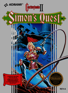 Simon's Quest II game cover, depicting a brave hero amidst a fantastical landscape filled with creatures and adventure.  