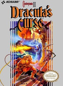 Cover art for Caslevania III Dracula's Curse featuring a dark, gothic landscape with a menacing castle and a full moon.  