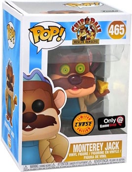 Funko Pop figure of Disney's Monterey Jack, a chipmunk with a blue shirt and a cheese wedge, smiling cheerfully.  