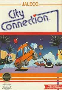 NES game cover of "City Connection," showcasing a vibrant city scene with a car navigating through the streets.  