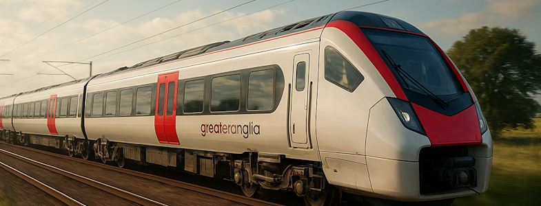 Image showing a Greater Anglia train speeding through the countryside