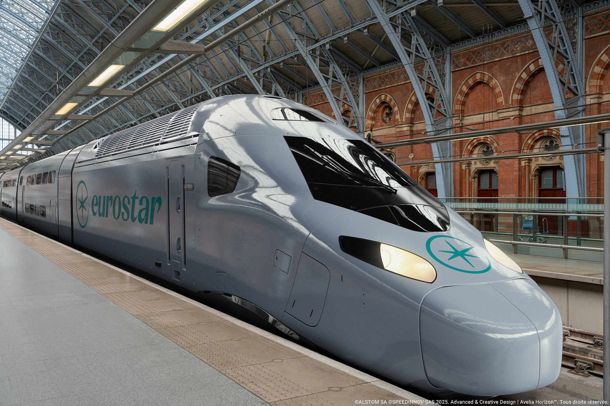 Eurostar Celestia train arriving in London St Pancras. CGI picture.