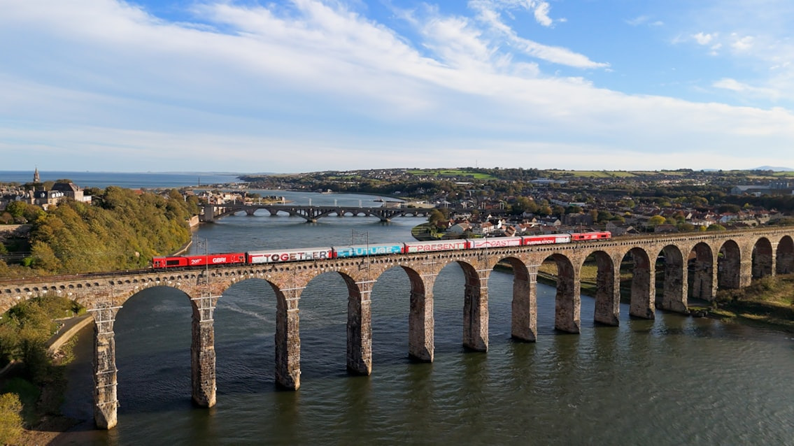 Image showing the Railway 200 Inspiration train crossing the Royal Border Bridge in Berwick-upon-Tweed