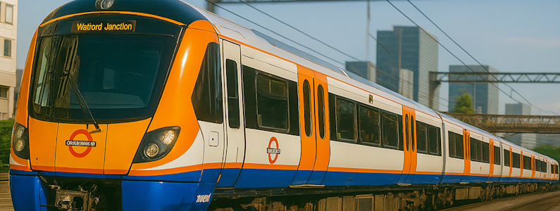Image showing a London Overground (LO) train sprawling through the metropolis
