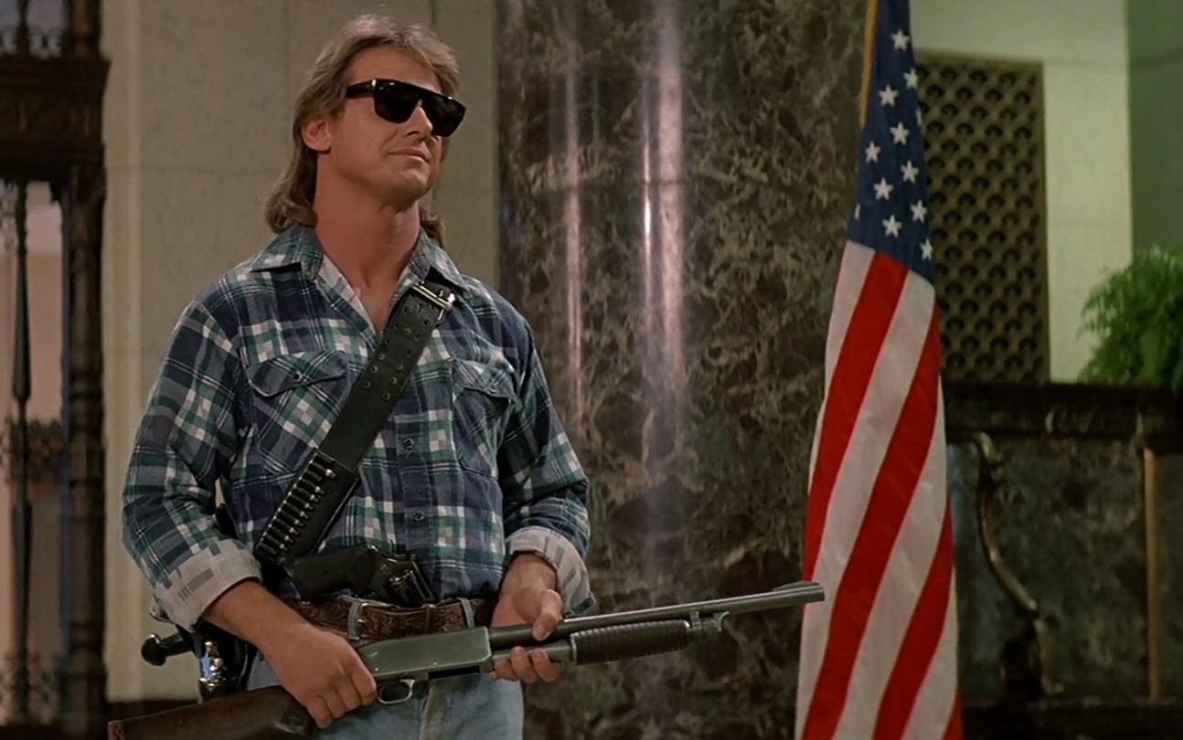 Scene from They Live showing John Nada ready with a shotgun before saying âI have come here to chew bubblegumâ¦