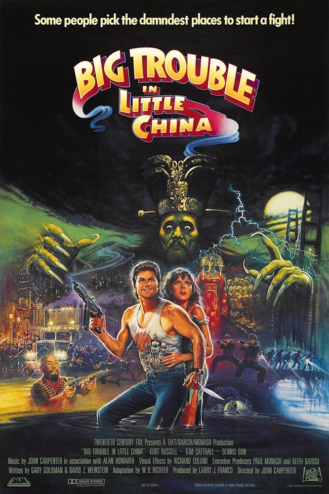 Image shows the Big Trouble in Little China movie poster with Jack Burton at the centre, surrounded by supporting characters and mystical imagery.
