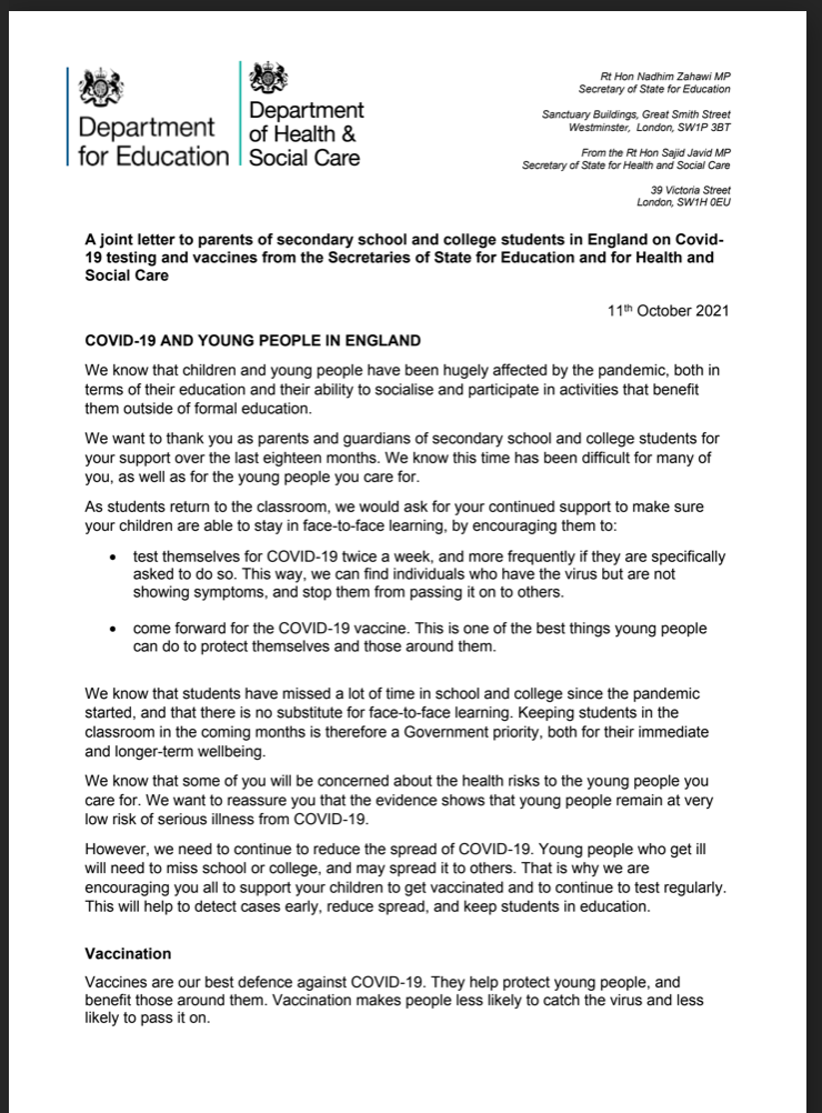 Covid &amp; young people letter 1