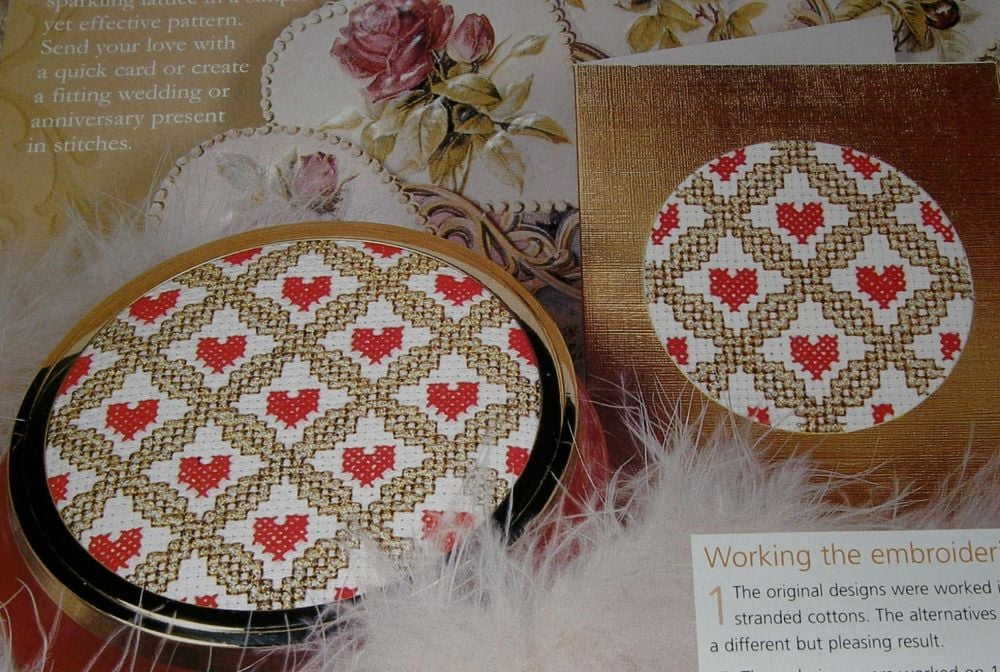 Red Hearts in Gold Lattice Card ~ Cross Stitch Chart