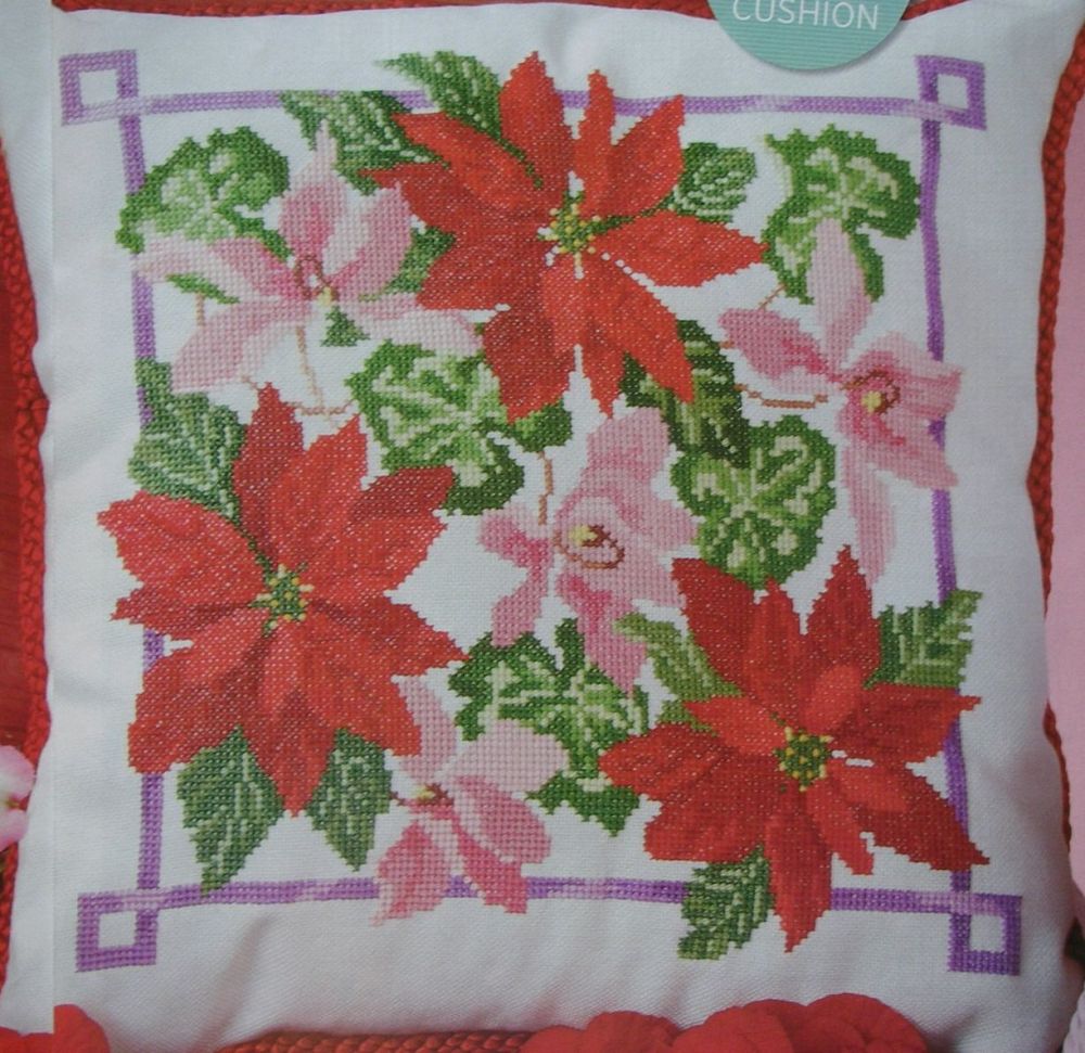 Poinsettia Winter Flower Cushion ~ Cross Stitch Chart
