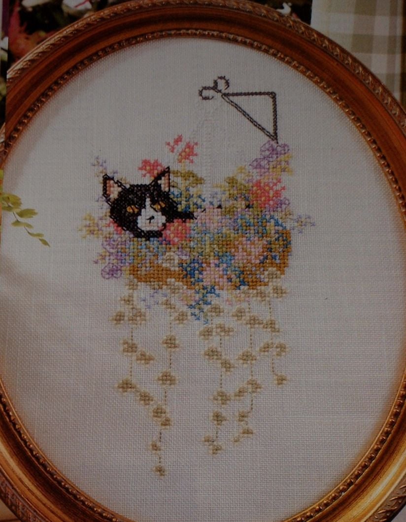 Black & White Cat in Hanging Basket ~ Cross Stitch Chart