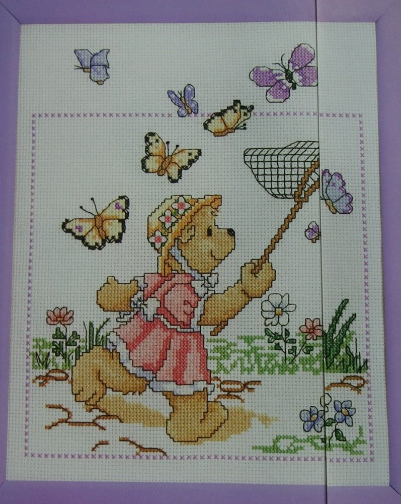 Girl Teddy Chasing Butterflies ~ Cross Stitch Chart