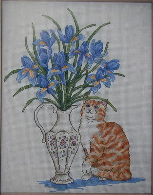 Tabby Cat with Vase of Blue & Purple Irises ~ Cross Stitch Chart