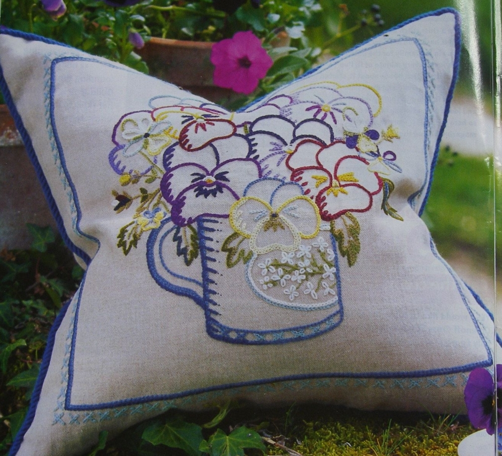 Jacobean Crewelwork Mug of Pansies Cushion ~ Embroidery Pattern