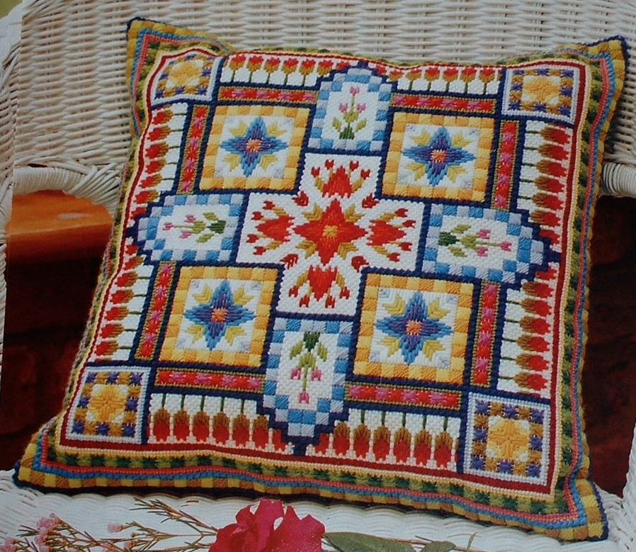 Brightly Coloured Canvas Cushion ~ Canvaswork Pattern