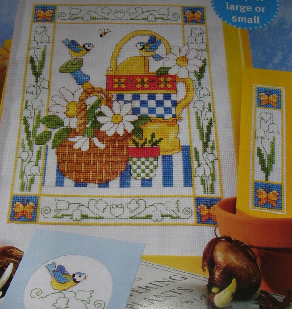Blue Tit Birds on Watering Can & Flowers ~ Cross Stitch Chart