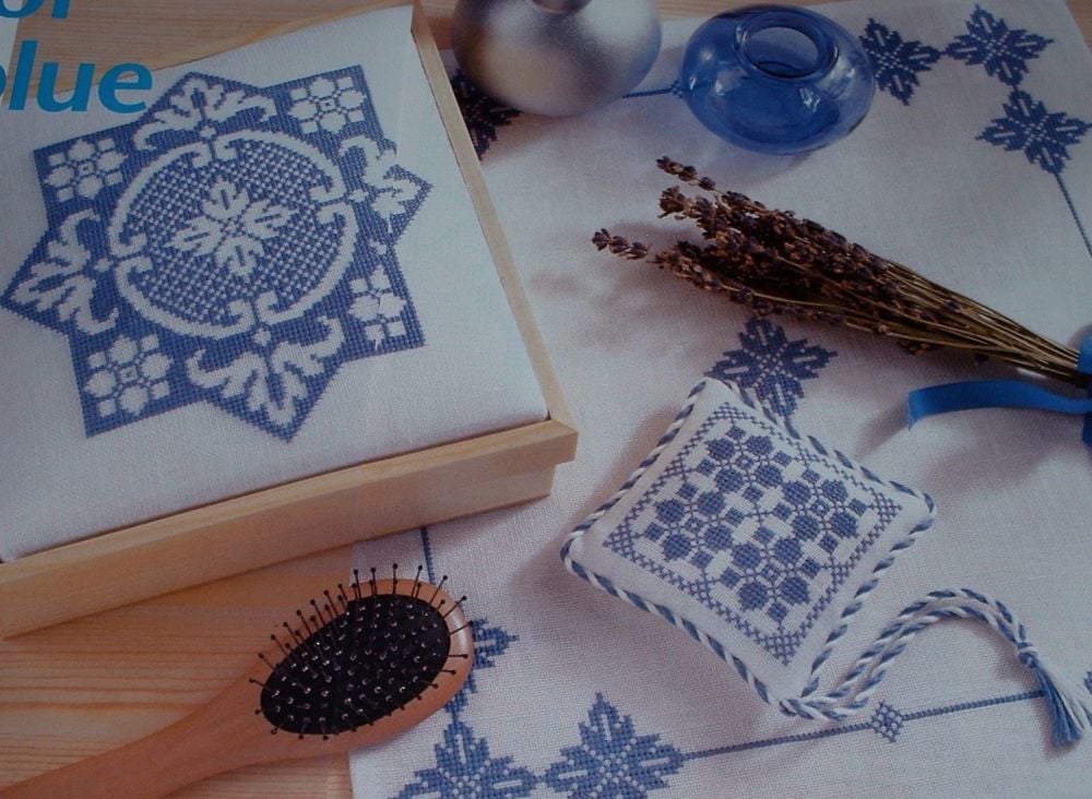 Blue & White Table Mat, Box Lid & Scented Sachet ~ Cross Stitch Charts