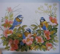 Family of Blue Tit Birds in a Summer Garden ~ Cross Stitch Chart
