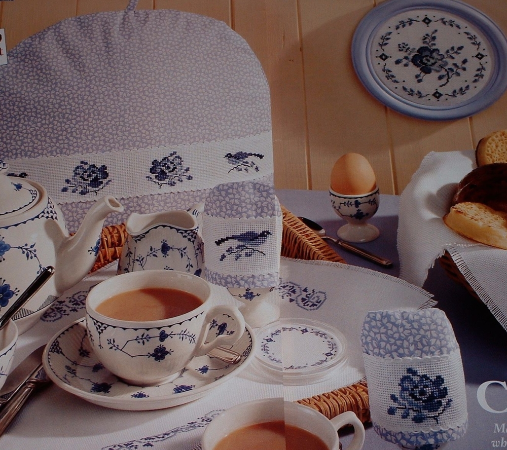 Blue White Kitchen Accessory Egg Tea Cosy Tray Cloth Plate Cross Stitch Charts Patterns For Sale