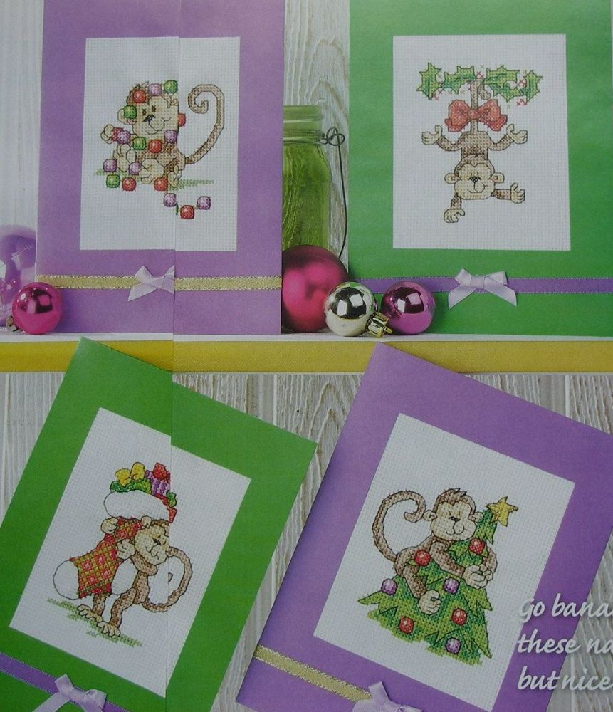 Cheeky Monkeys Christmas Cards ~ Four Cross Stitch Charts
