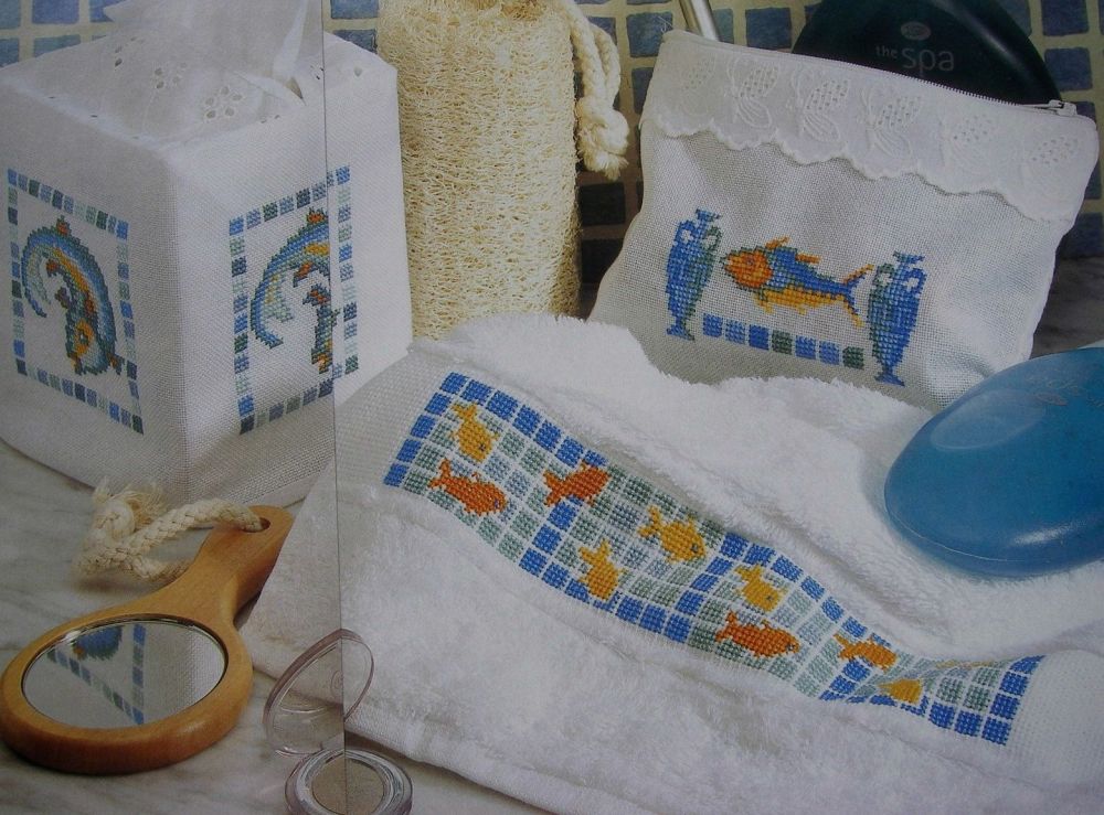 Three Fish Mosaic Bathroom Designs ~ Cross Stitch Charts