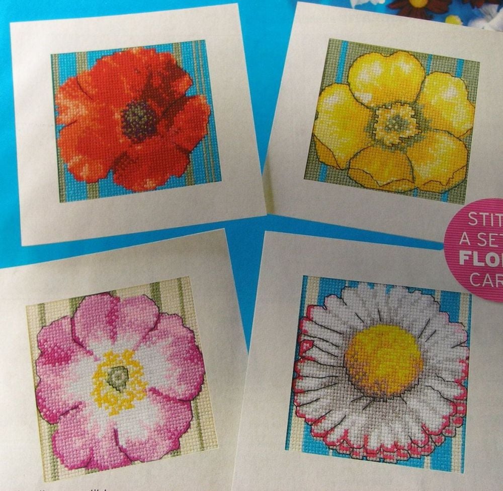 Four Vibrant Floral Flower Cards ~ Cross Stitch Charts
