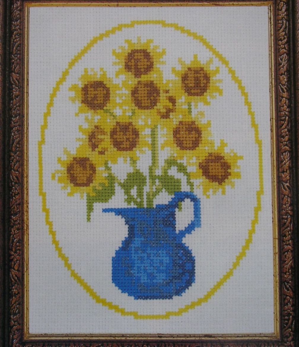 sunflowers bouquet rustic blue vase cross stitch charts patterns for sale