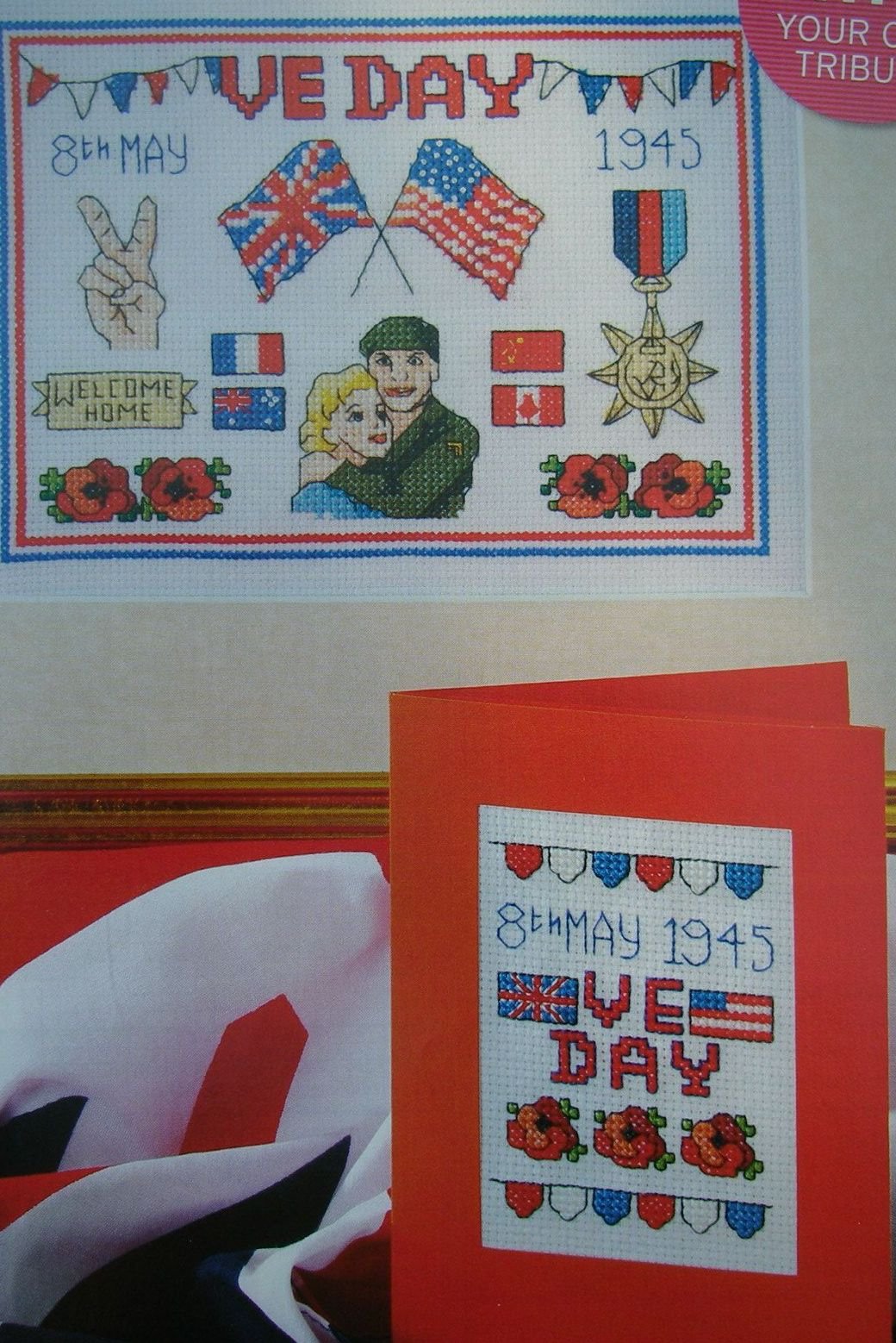 8th May 1945 VE Day Sampler Card & Cakeband: Three Cross Stitch Charts