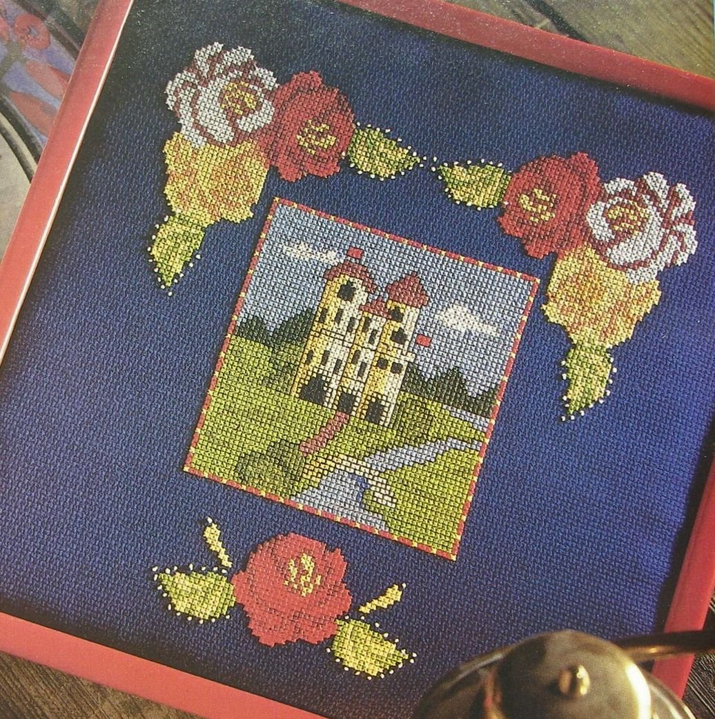 Folk Art Style Castle Scenes and Flowers ~ Two Cross Stitch Charts