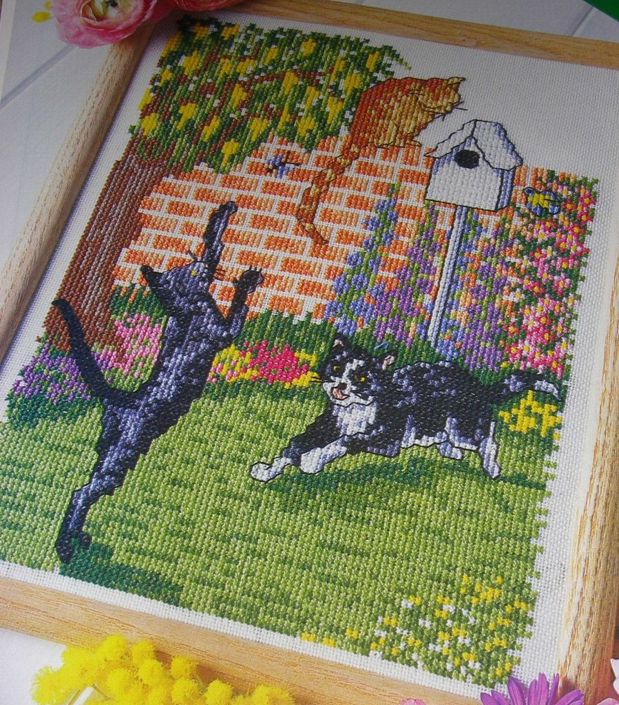 Three Cats Playing in the Garden ~ Cross Stitch Chart