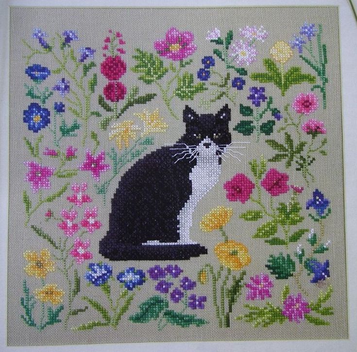 Black & White Cat Amongst the Spring Flowers ~ Cross Stitch Chart
