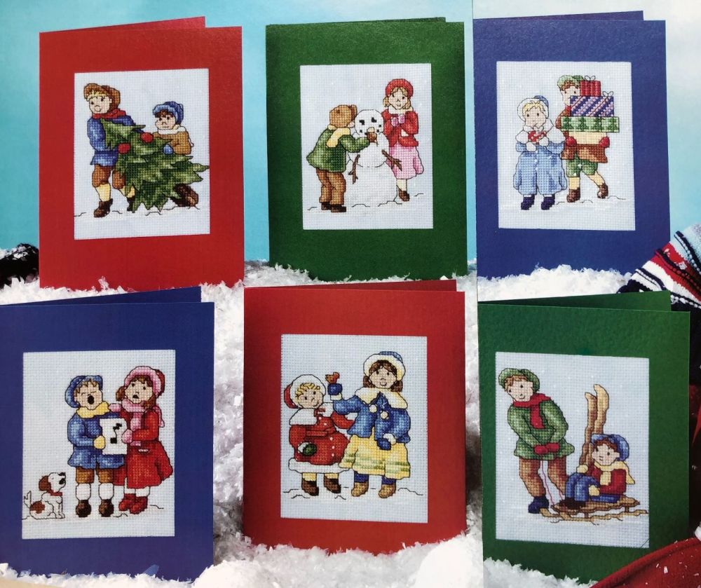 Victorian Children in the Snow Christmas Cards ~ Six cross Stitch Chartd