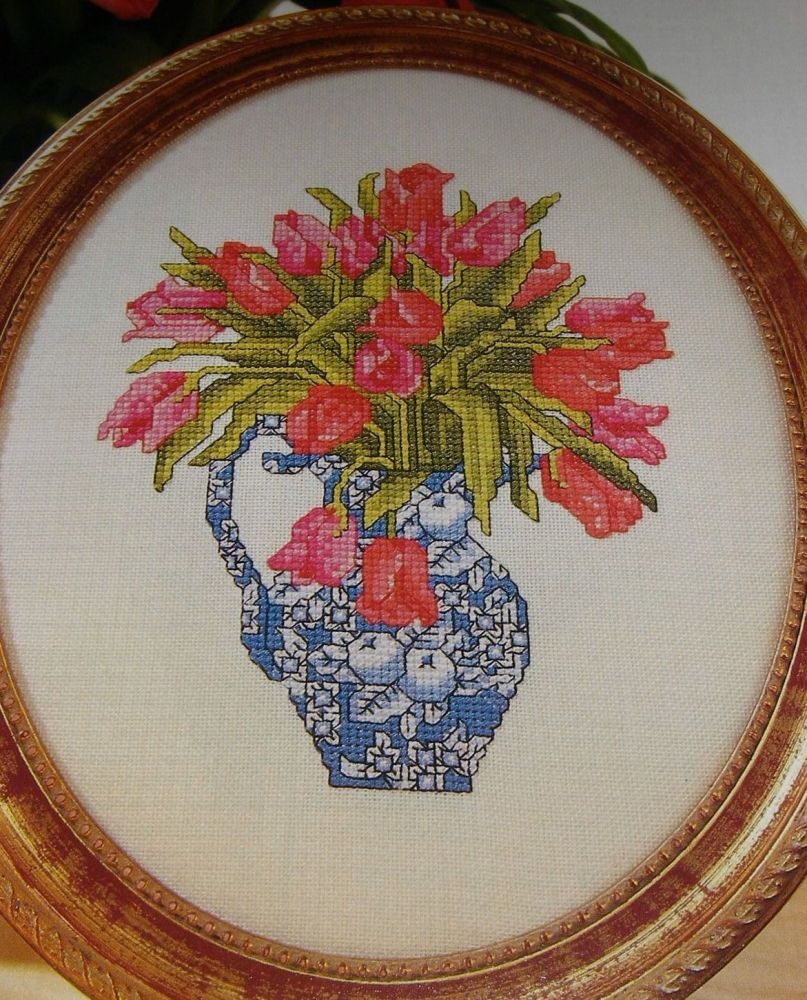 Pink Tulips in a Blue & White Jug ~ Cross Stitch Chart